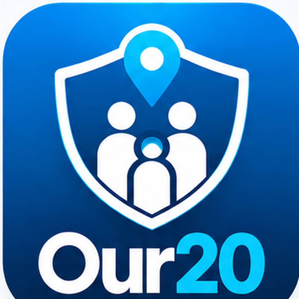 Official Our20 app icon: family figures inside a shield, location pin, and Our20 wordmark
